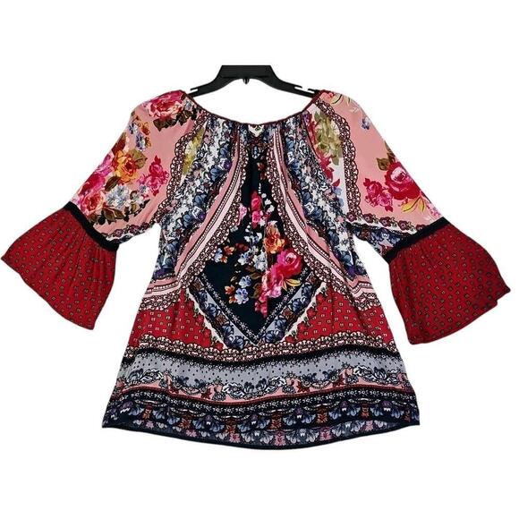BILA ~Woman Size L~ Multicolor Red Bell Sleeve Boho Blouse Top Tunic Romantic. - Picture 3 of 11